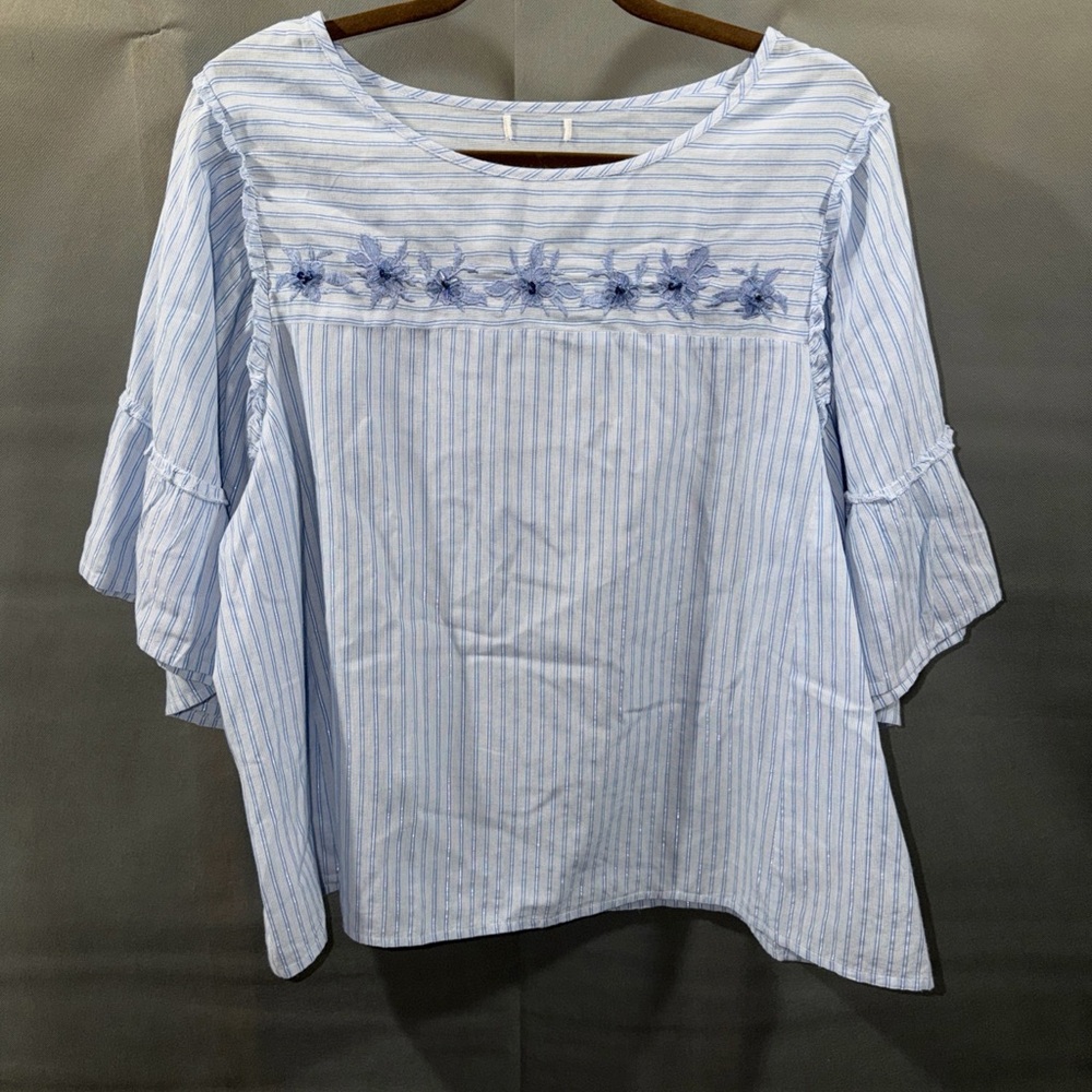 Westport Blue Striped Blouse With Embroidered Detail & Ruffle Sleeves XL